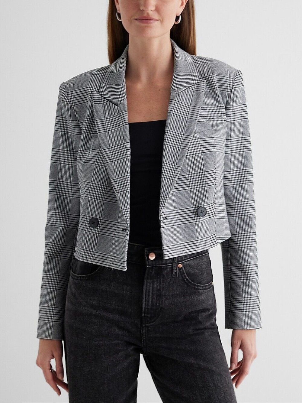 Express Women's Glen Plaid Cropped Blazer in Black & White